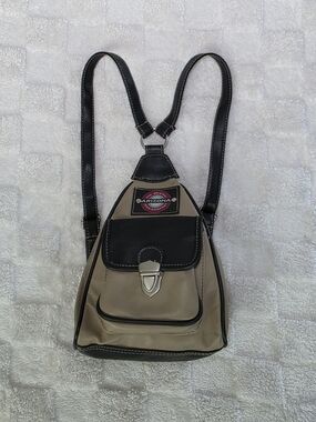 VINTAGE ARIZONA JEAN COMPANY MINI BACKPACK TAN + BLACK WITH SILVER HARDWARE EVC